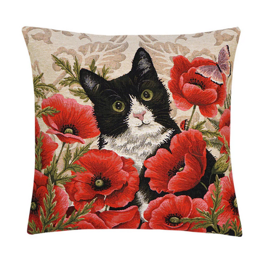 Kissenhülle Katze im Mohnfeld 45x45 cm Gobelin Baumwolle Kissenhülle