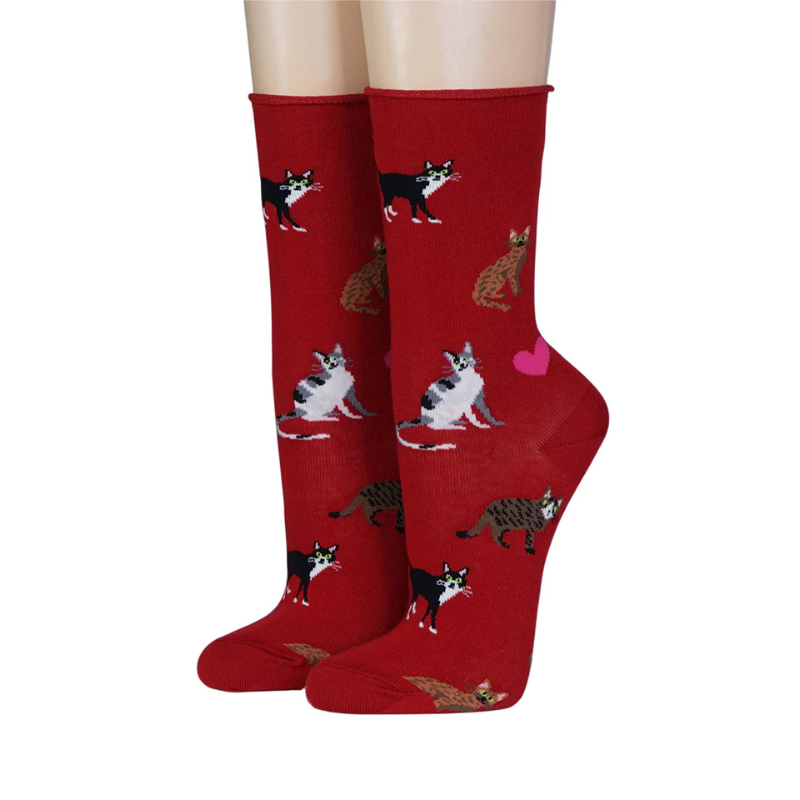 Socken mit Katzen Rot Rollrand Baumwolle für Katzenfans Socken