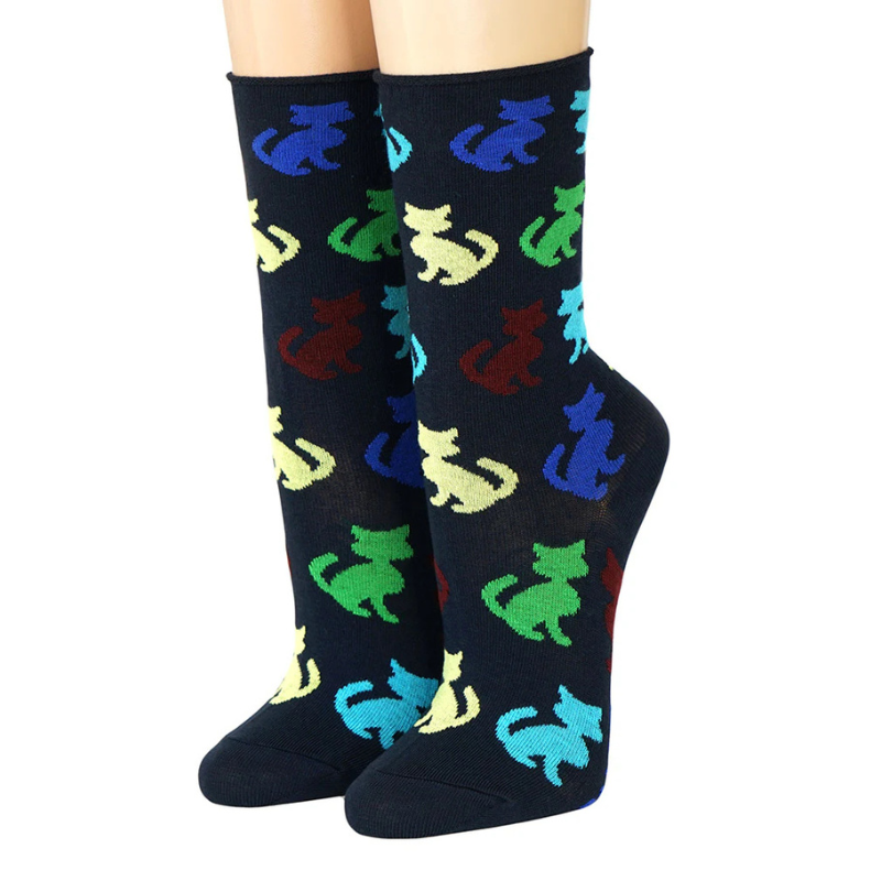 Socken mit bunten Katzen Blau Rollrand Baumwolle Socken
