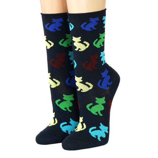 Socken mit bunten Katzen Blau Rollrand Baumwolle Socken