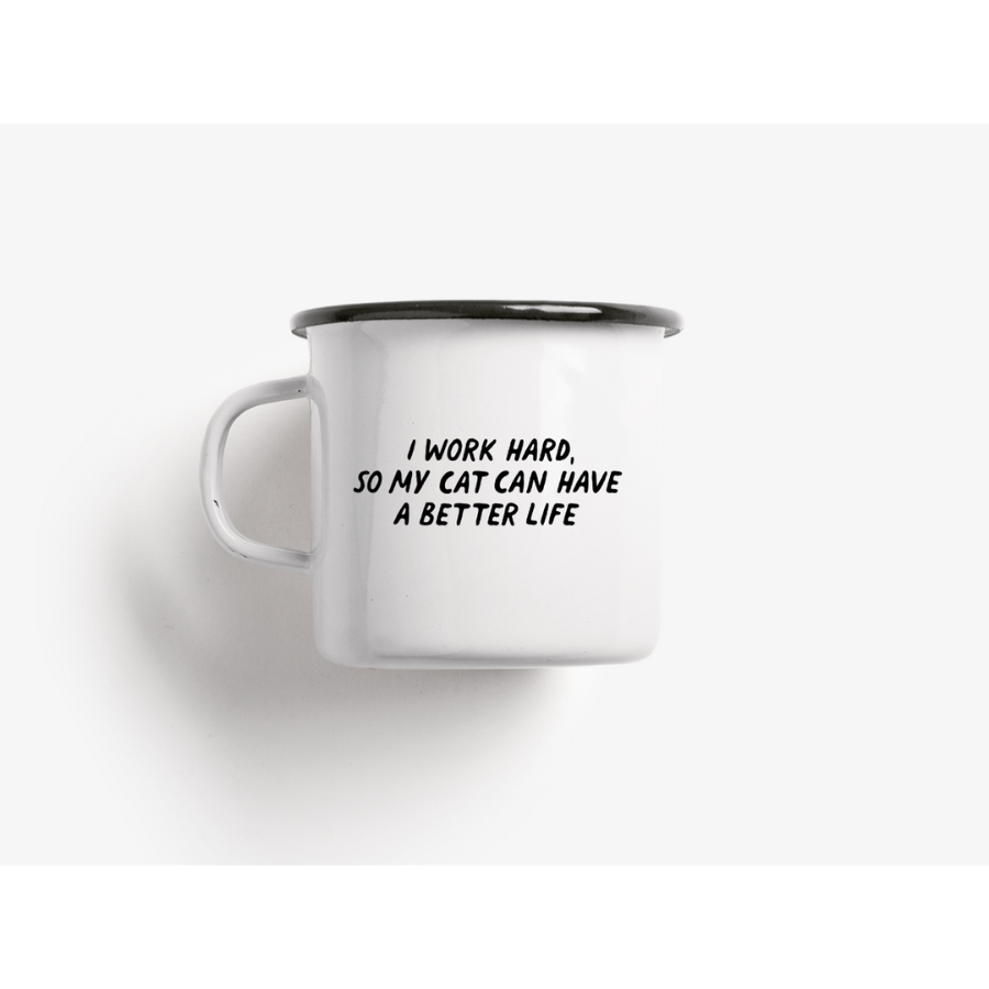 Emaille Tasse Katzenmotiv – Schwarz weiße Emailletasse mit Charakter Teetasse