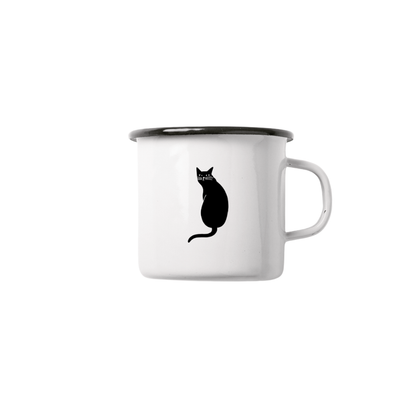 Emaille Tasse mit schwarzer Katze – Robuste Katzentasse mit Spruch Teetasse