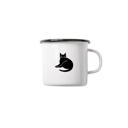 Emaille Tasse Katzenmotiv – Schwarz weiße Emailletasse mit Charakter Teetasse