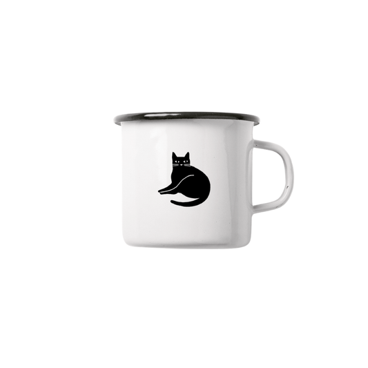 Emaille Tasse Katzenmotiv – Schwarz weiße Emailletasse mit Charakter Teetasse