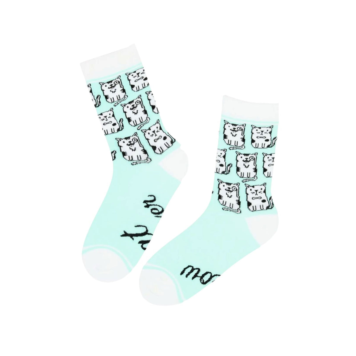 Flachliegendes Paar Mintsocken mit Katzenillustration