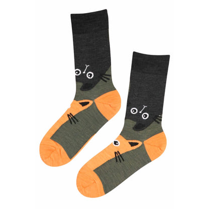 Paar warme Socken aus Merinowolle mit verspieltem Katzendesign