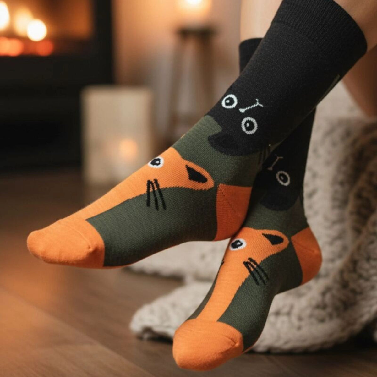 Gemütliche Merinowollsocken mit Katzenprint am Bein getragen
