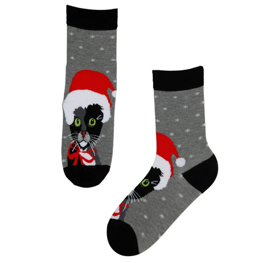 Weihnachtssocken aus Baumwolle mit Katzenmotiv - grau