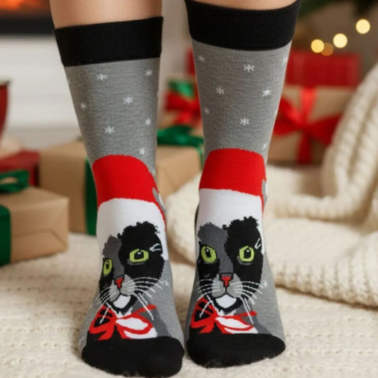 Weihnachtssocken aus Baumwolle mit Katzenmotiv - grau