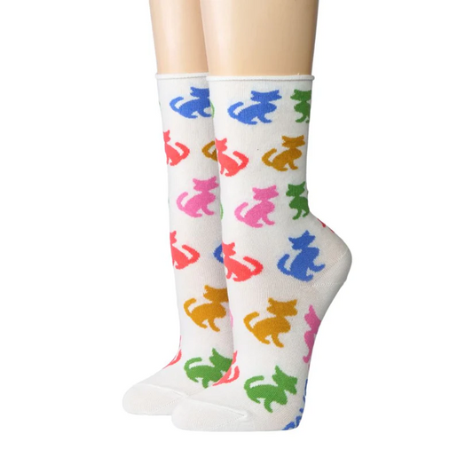 Socken mit bunten Katzen Weiß Rollrand Baumwolle für Katzenfans Socken