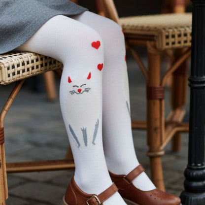 Strumpfhose für Kinder mit Katze - weiß