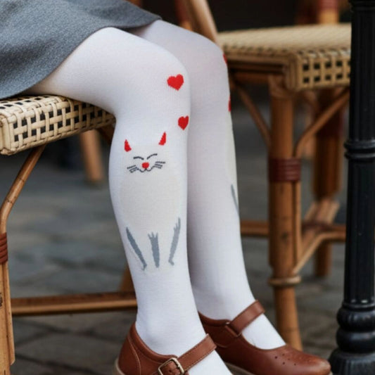 Strumpfhose für Kinder mit Katze - weiß